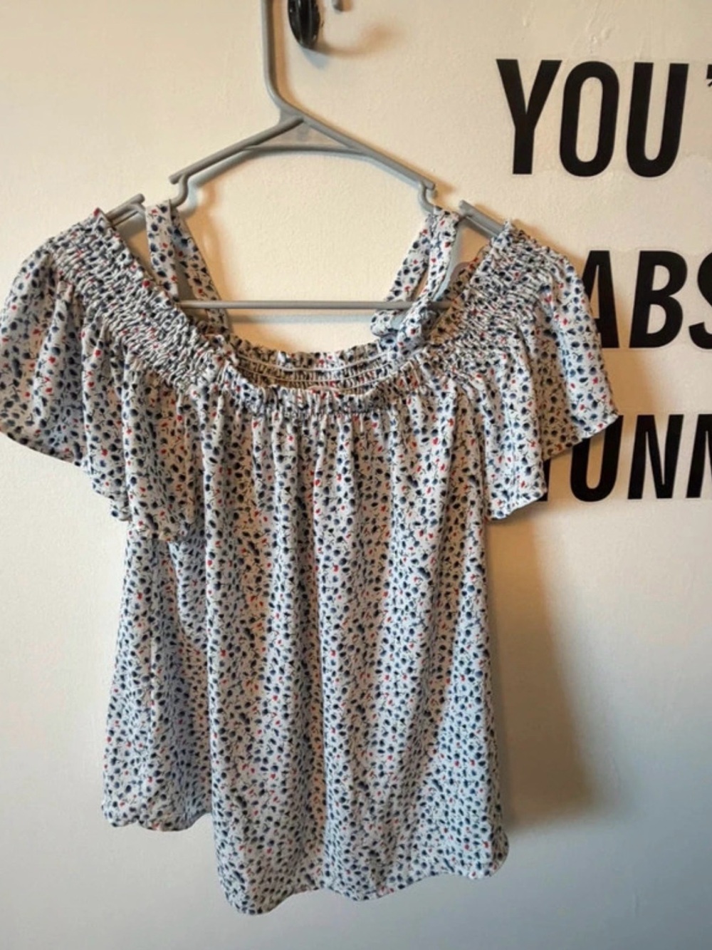 Sienna Sky White Off-Shoulder Floral Top with Navy and Red Accents